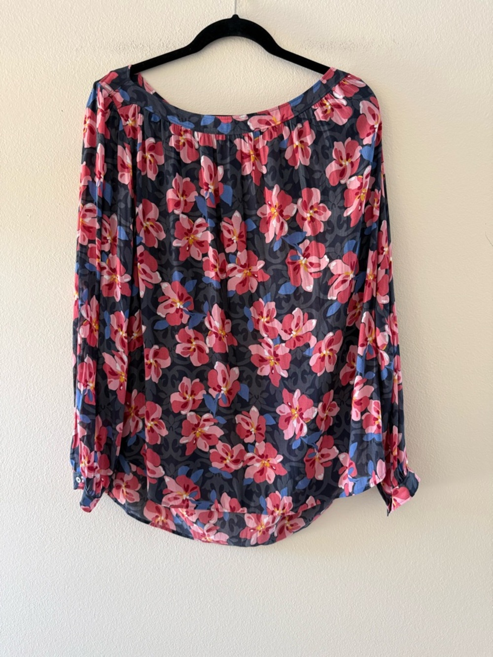LOFT Navy Floral Flowy Lightweight Long-Sleeve Blouse with Pink Flowers